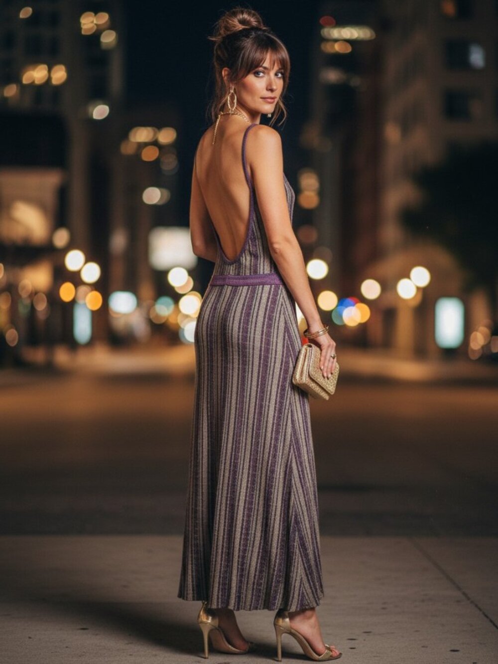 Marciano Maxi Dress Womens Small Purple Striped Excellent Open Back Metallic